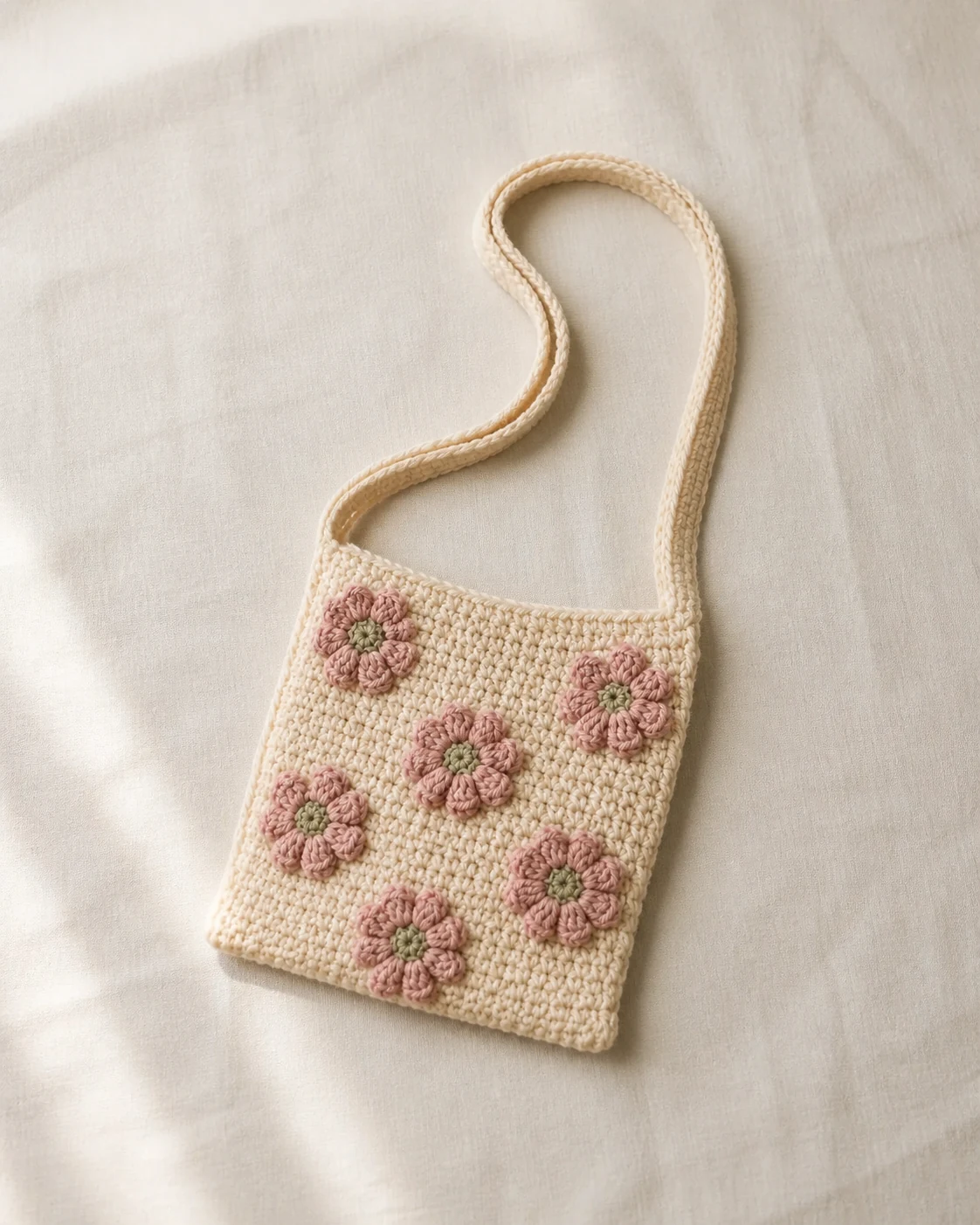 Cream crochet shoulder bag with dusty-pink daisies
