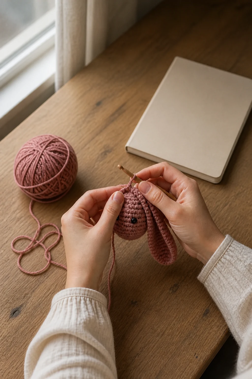Hands crocheting a dusty-rose rabbit at a sunlit worktable